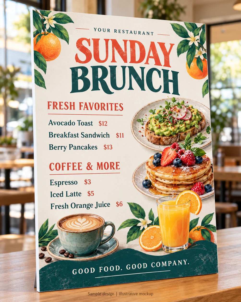 Foam board · menus & events · illustrative mockup