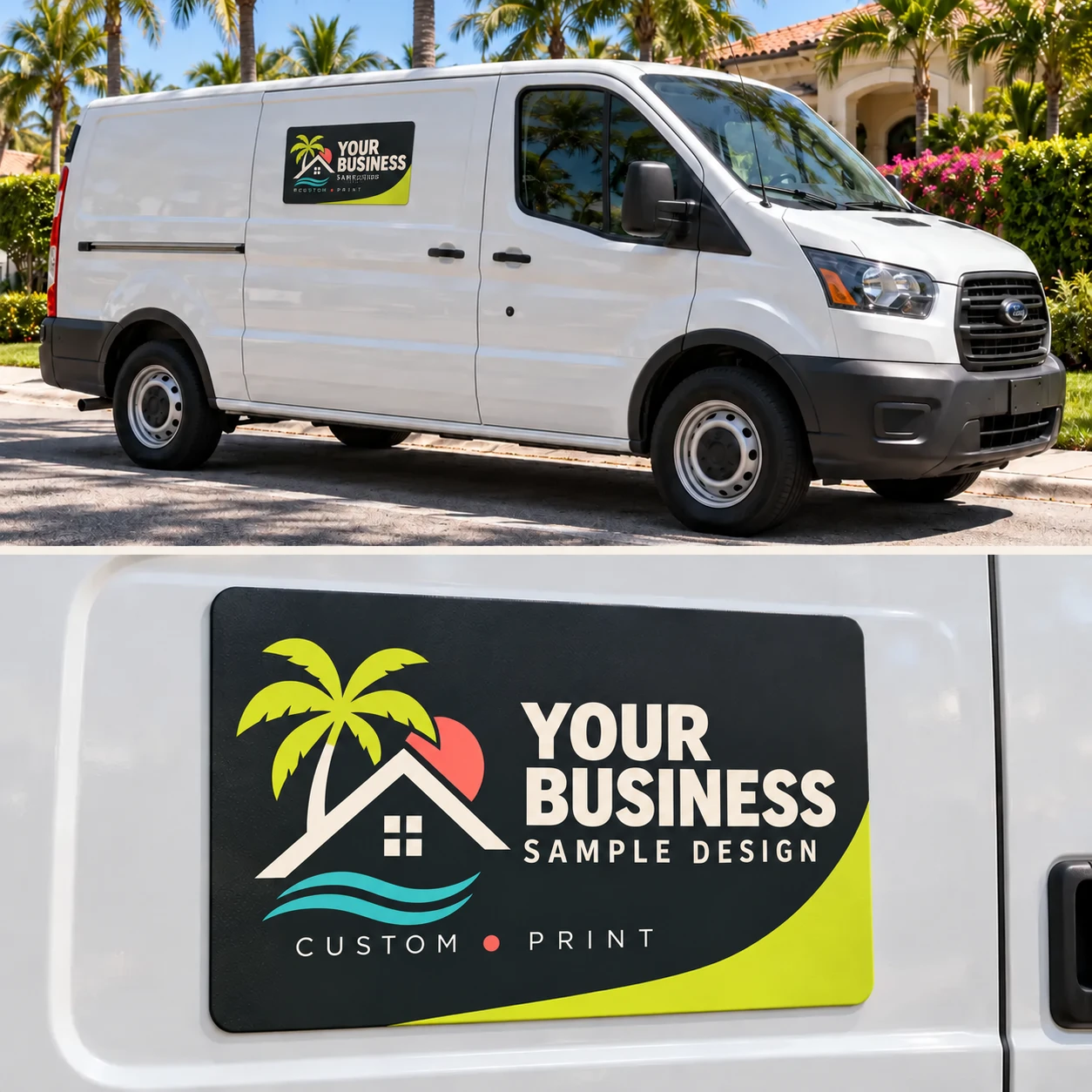 Removable business magnet on a white van — fictional brand